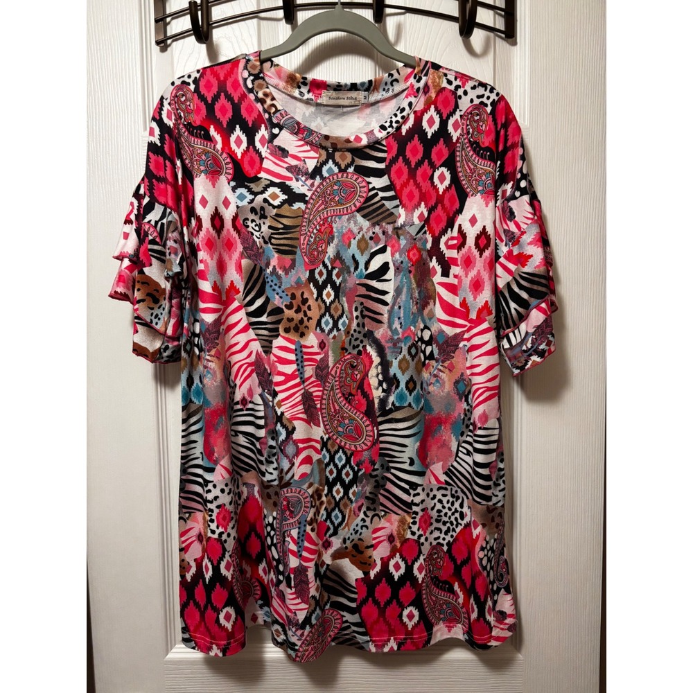 Southern Stitch Mixed Print Ruffle Sleeve Top Pink Red Ikat Paisley Medium
